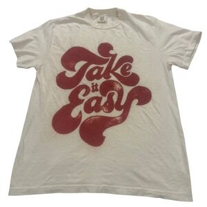 Comfort Colors Take It Easy Retro Graphic T-Shirt M Mens Pastel Yellow Cream